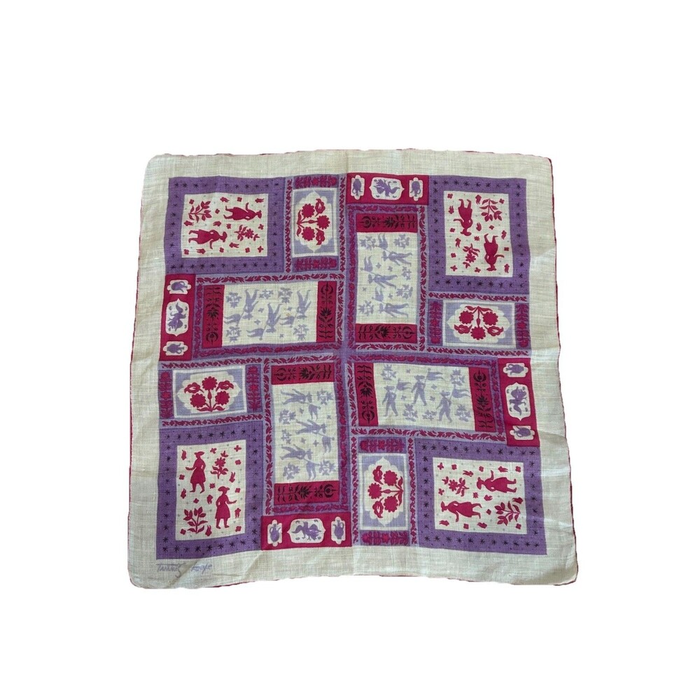 Vintage TAMMIS KEEFE Linen Handkerchief Blocked Colonial Print Purple Pink